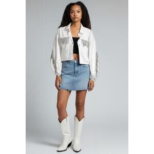 White Fox Women's M/L White Denim Rhinestone Fringe Cropped Western Jacket